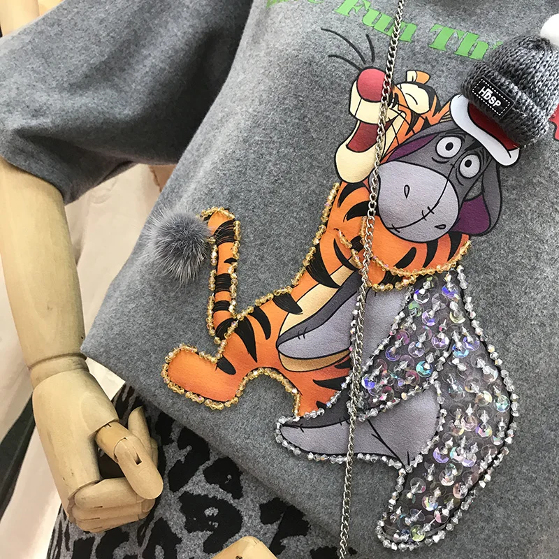 

Summer New Heavy Industry Nail Pearl Leopard Donkey Women T Shirt Loose Good Quality Cotton Short Sleeve Girl Tees Tops Pink