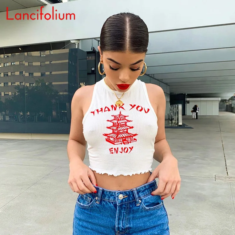 

Sexy Crop Top letter graphic Cami Tank Tops Women China Knit Ribbed Tee Shirt Ladies 2020 Cropped Sleeveless Cute Streetwear Top