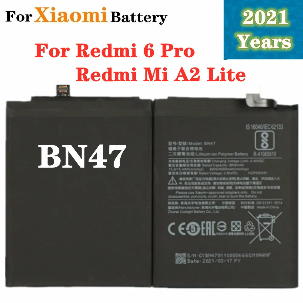 

2021 Years For Xiaomi BN47 Replacement Battery 4000mAh Redmi 6 Pro / Mi A2 Lite Bateria High Quality Capacity Phone Batteries