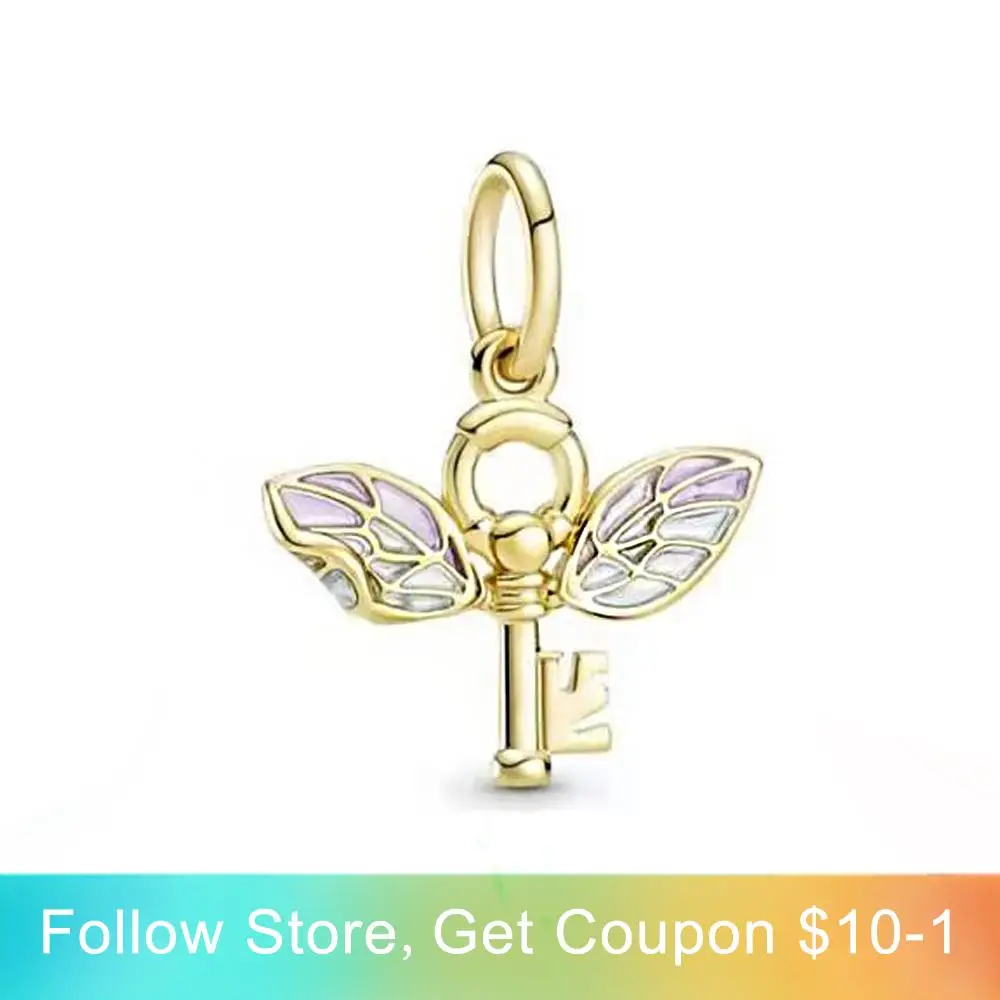 

Ahthen 925 Sterling Silver Charms Purple wings gold key Pendant fit Original Pandora Bracelets for Women Jewelry Making Gift