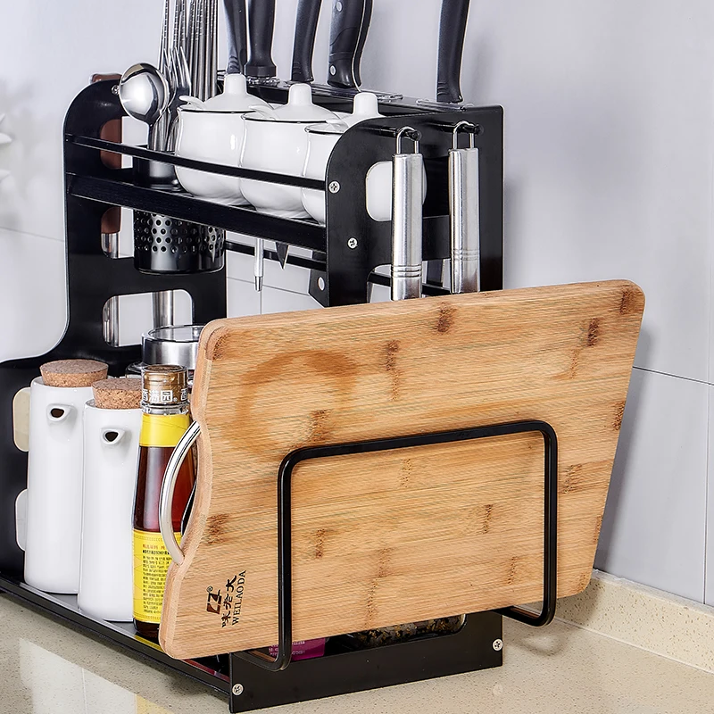 

Space Aluminum Bright Black Kitchen Shelf Condiment Supplies Landing 2-layer Kitchen Tool Shelf For Condiment Storage