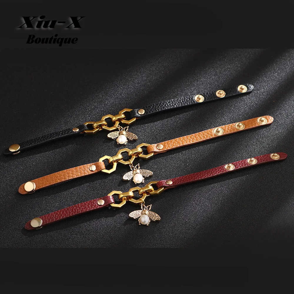 

2021 New Vivid Bee Pendant Charms Bracelets & Bangles For Women Punk Brown Red Leather Bracelet Snaps Wristlet Female Jewelry