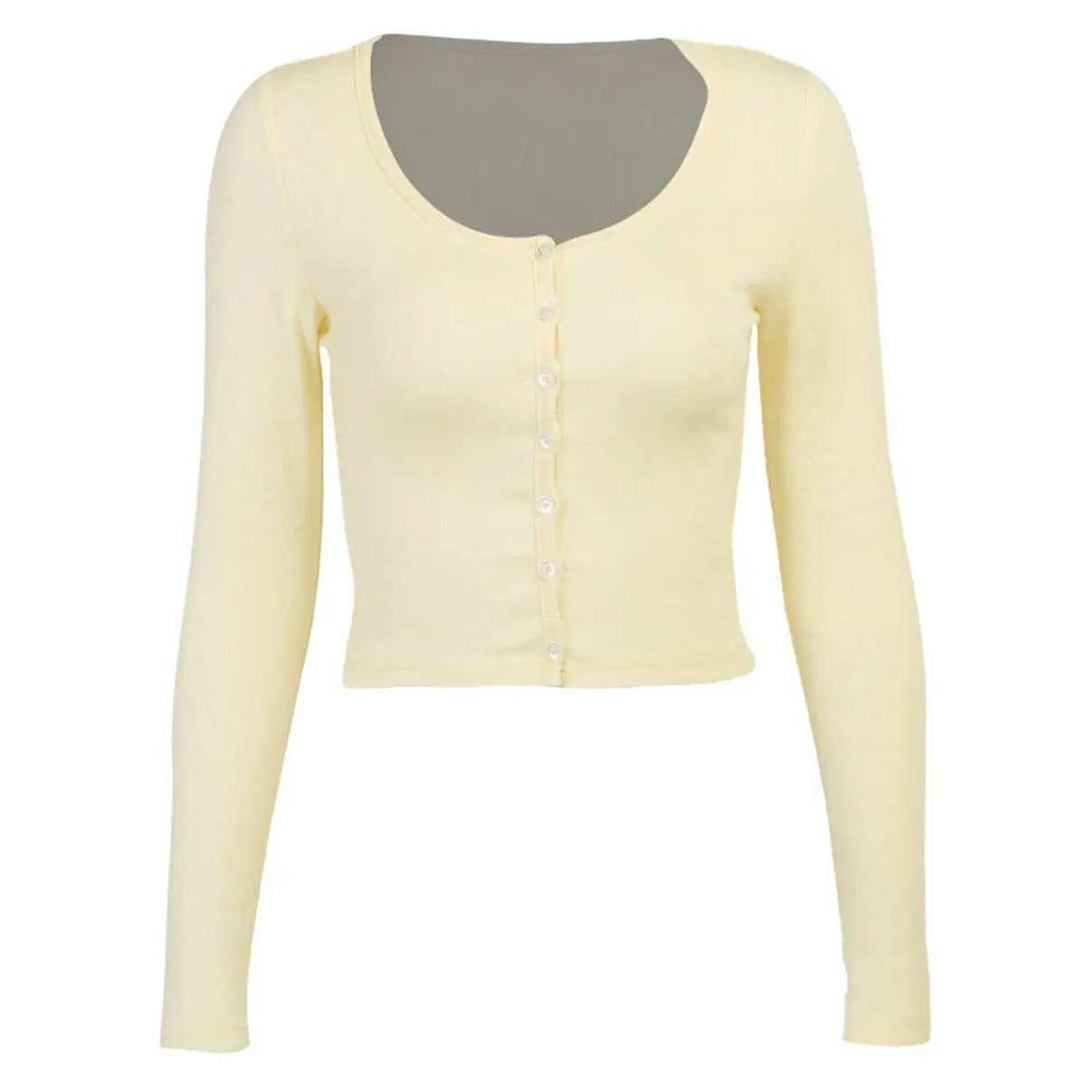 

Women Fashion Long Sleeve U-neck Top Long Sleeve Buttons Solid Color Top for Ladies