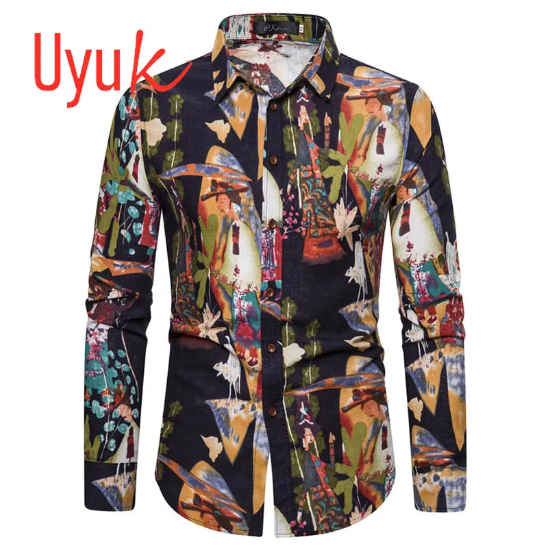 2020 UYUK Мужская рубашка с длинным рукавом размера плюс тонкая принтом слонов