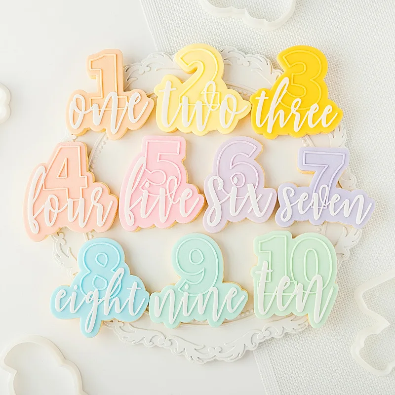 

Baking Cake Tools Baby Birthday Desserts Frosting Acrylic Cookie Cutter 3D English Numbers Fondant Biscuit Mold Reverse Stamp