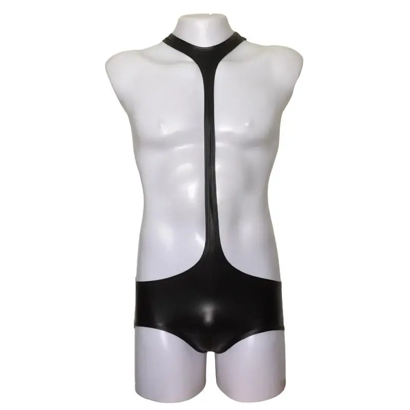 

Sexy Male Faux Leather Bodysuit Wrestler Nightclub Steel Pipe Dancer Role Play Gay Sissy Erotic Fetish Costume Men Leotard 2XL