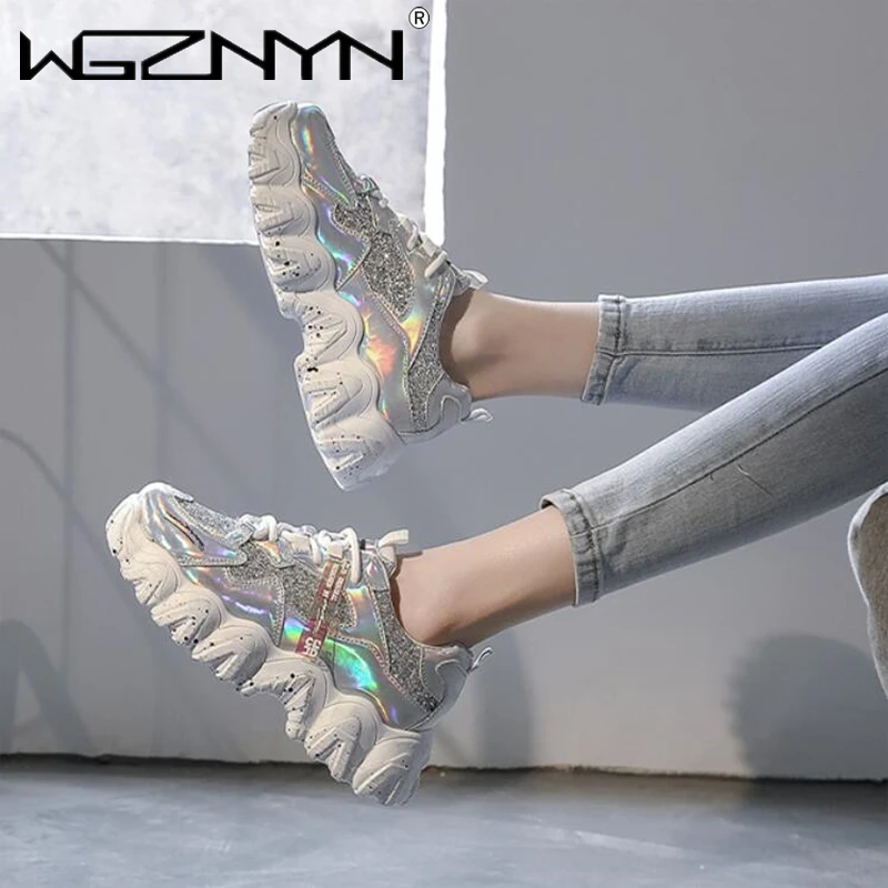 

Женские кроссовки на массивной платформе, Вулканизированная подошва, со стразами, блестками, обувь для тренировок, Папины