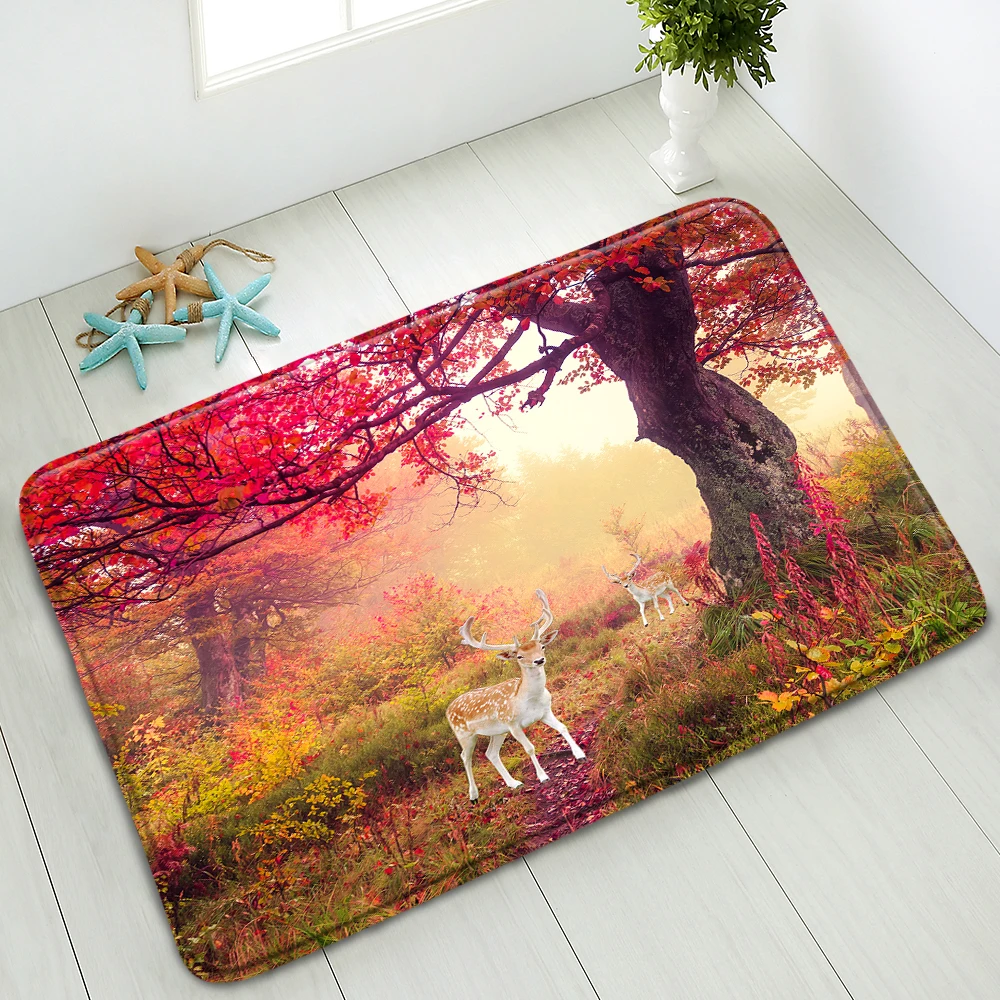 

Flowers Wall Deer Bath Mat Natural Scenery Anti-Slip Mat Living Room Bedroom Kitchen Doormat Washable Flannel Carpet Home Decor