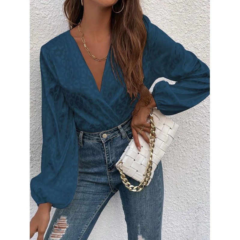 Женское жаккардовое боди с длинными рукавами-фонариками и леопардовым принтом |