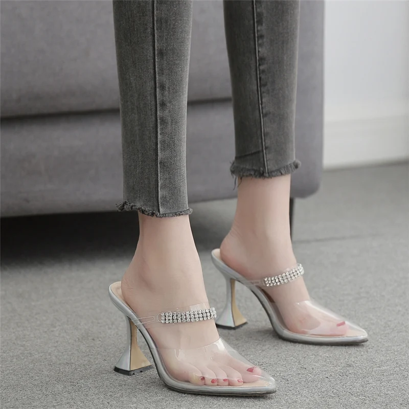 2020 размера плюс 42 женские шлепанцы без задника с кристаллами на высоком каблуке 9