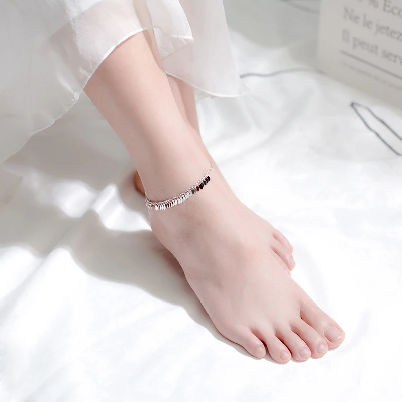 

Colusiwei National Style Oval Sequins Tassel Anklet 925 Sterling Silver Chain Bracelet for Leg Female Foot Jewelry For Women