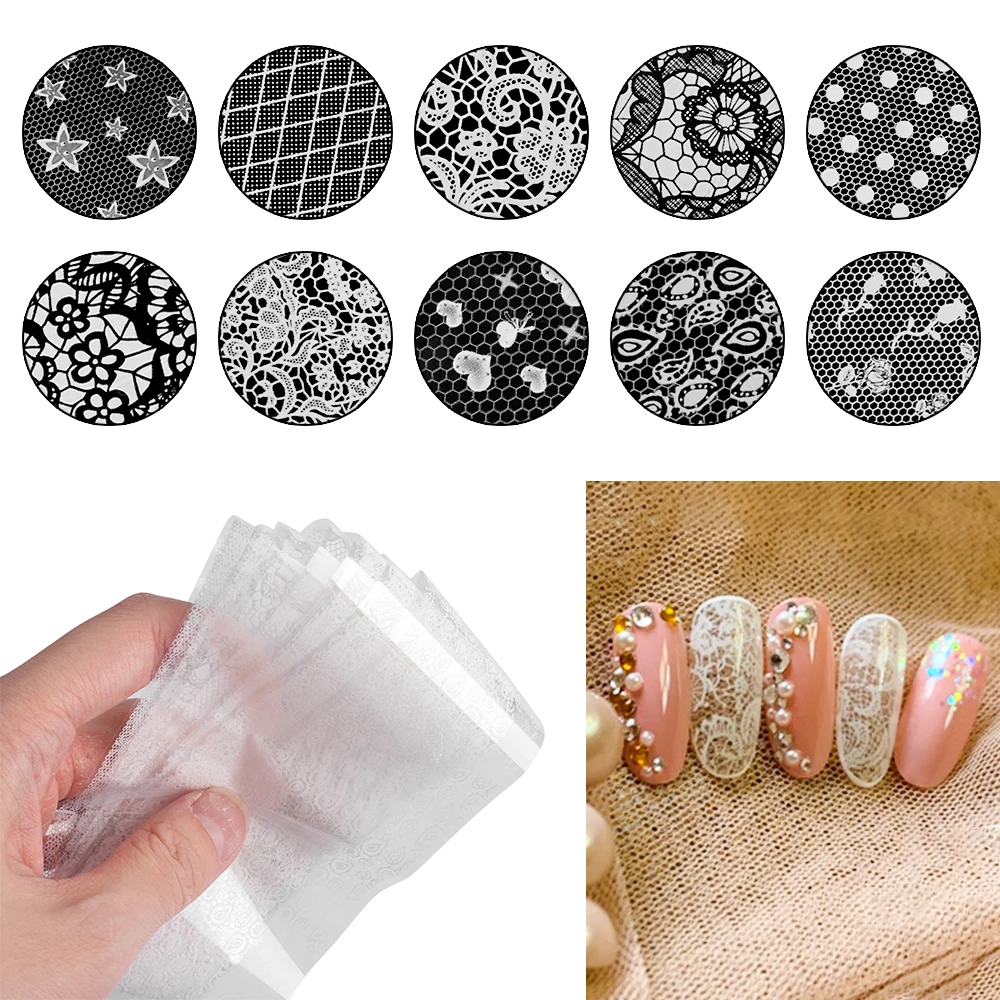 16 шт./партия пленка для ногтей наклейки черно-белые кружевные цветы Дизайн