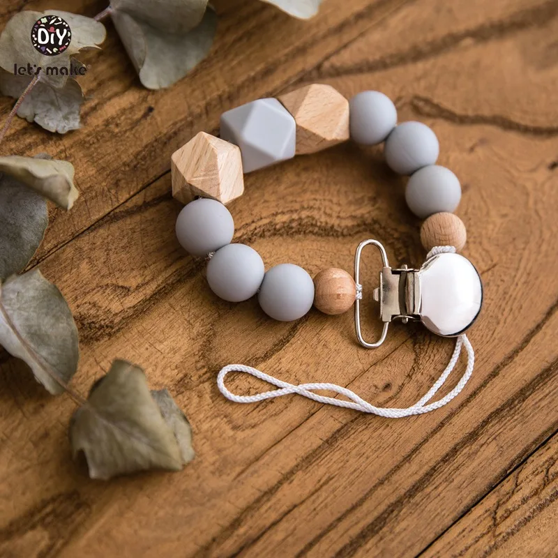 

Let's Make Baby Pacifier Chain 1Pc Food Grade Hexagon Wooden Beads Round Metal Nipple Clip Silicone Beads Pacifier Clips Holder