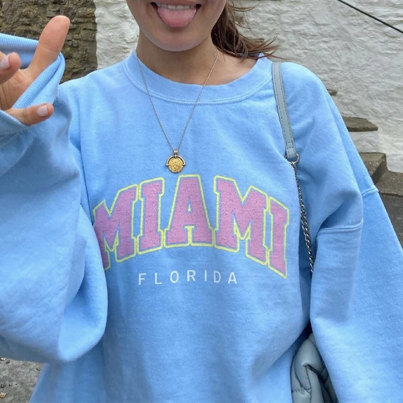 

ins MIAMI Letter Printed Sweatshirt Women Sky Blue Thick Warm Winter Tops 2021 New Oversized Streetwear Korean Fashion Plus Size