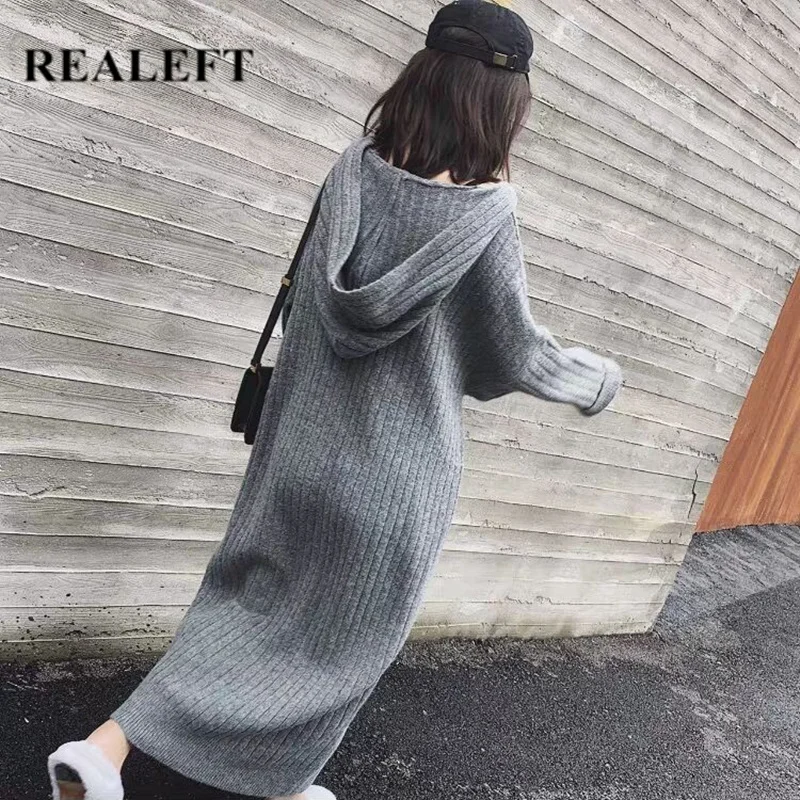REALEFT винтажный женский свитер с капюшоном платья длинный рукав пуловер вязаный