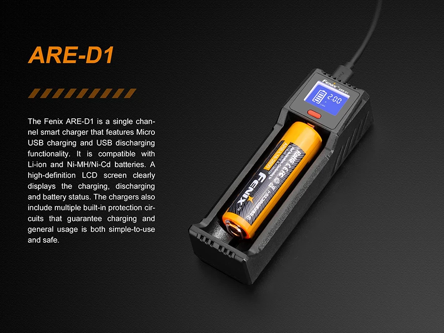 Зарядное устройство Fenix ARE-D1 Совместимо с литий-ионными и Ni-mh/Ni-Cd аккумуляторами Micro USB и функцией разрядки USB