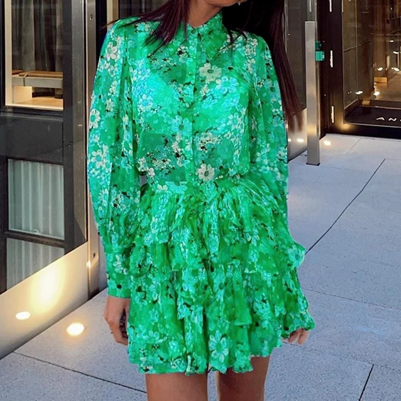 2021 Autumn Winter 2 Piece Women Set Blue Printed Fashion Long Sleeve Shirt Top Pleated Skirt Office Lady Matching Sets |