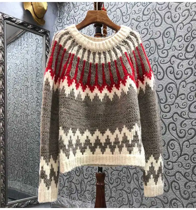 

High Quality Sweaters & Pullovers 2022 Spring Autumn Jumpers Ladies Geometric Patterns Knitting Long Sleeve Blue Grey Jumpers