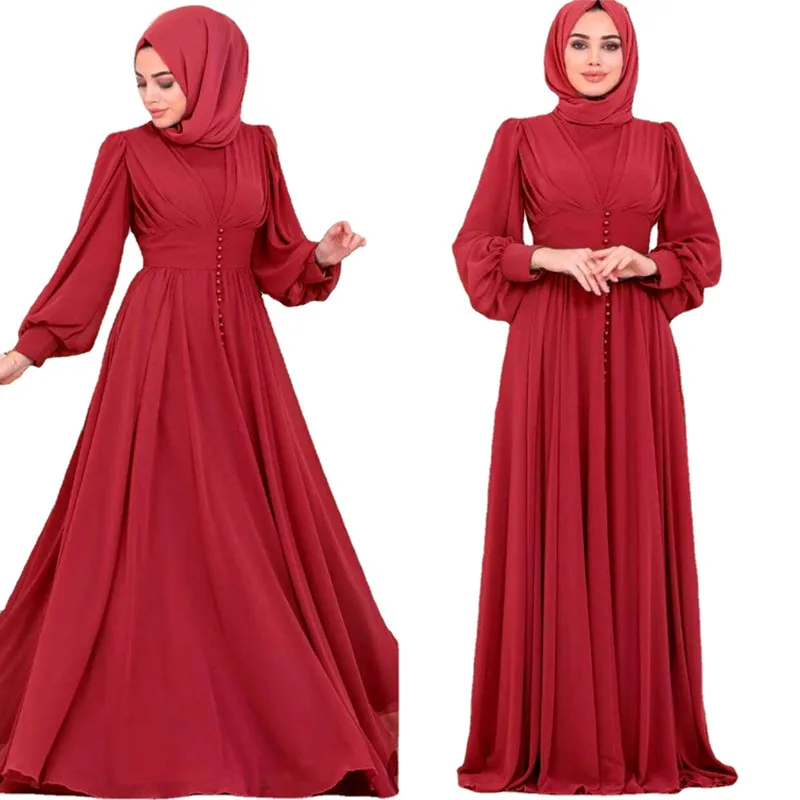 

Мусульманское платье-хиджаб 2021, женское однотонное шифоновое платье на пуговицах Eid Mubarak Вечерние вечернее длинное платье, арабское платье