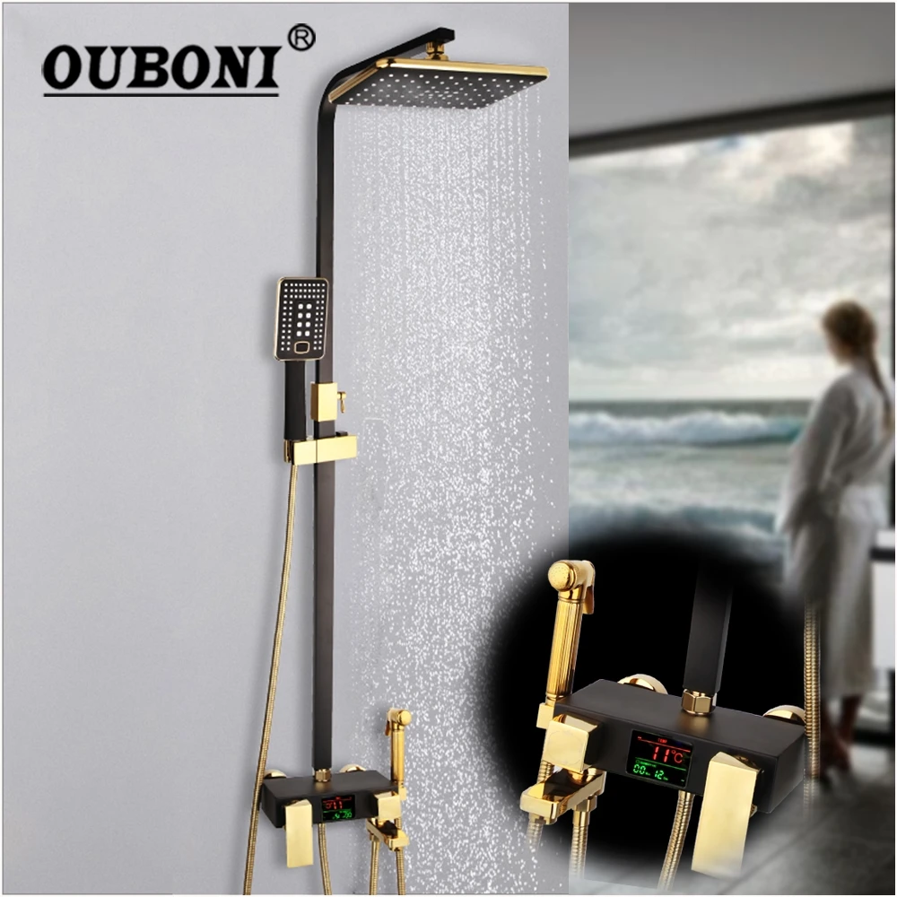 

OUBONI Black LED Digital Shower Set Bathroom Wall Mounted Thermostatic Shower System Hot Cold Mixer Bath Faucet Square Spray