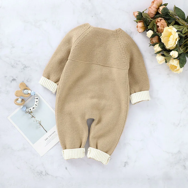 

Newborn Baby Girl Boy Solid Color Bodysuit Romper Knitted Long Sleeve Jumpsuit Warm Autumn Costumes Set New Arrival 0-24M