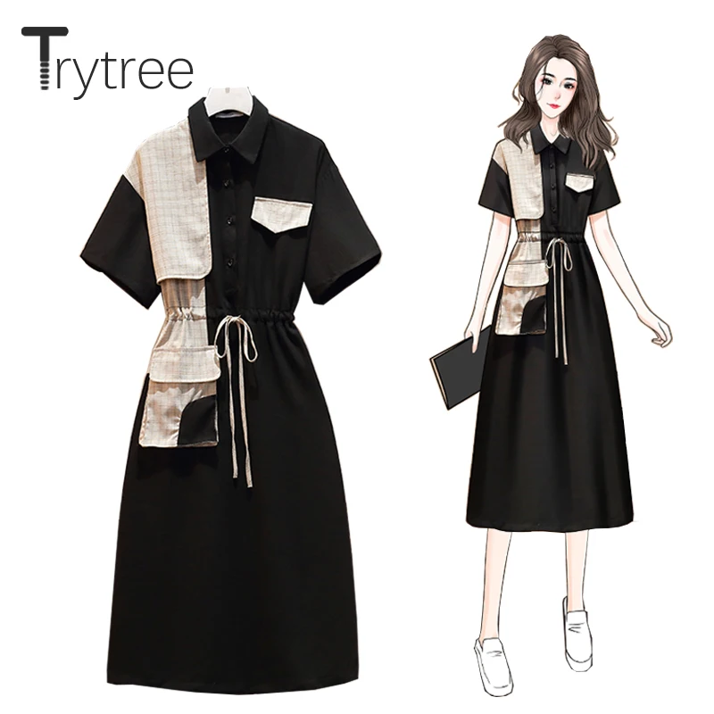 

Летнее женское платье Trytree, повседневное клетчатое лоскутное платье-рубашка с отложным воротником, на завязках, на пуговицах, офисное женск...