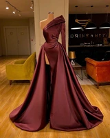 arabic sexy burgundy satin prom dresses one shoulder long sleeves plus size evening gown high side split formal dress party gown
