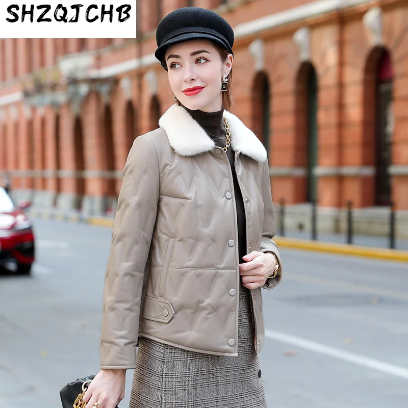 

SHZQ женское короткое кожаное пальто из овечьей шерсти, зима 2021, новый меховой воротник из норки