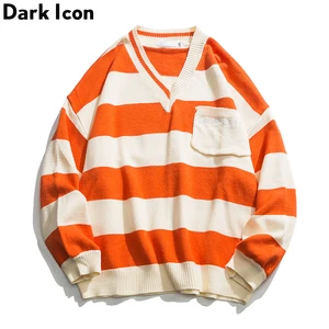Темный значок стерео Карманный полосатый свитер для мужчин и женщин большой v-образный вырез уличные мужские свитера свитер в стиле хип-хоп Мужская Уличная одежда