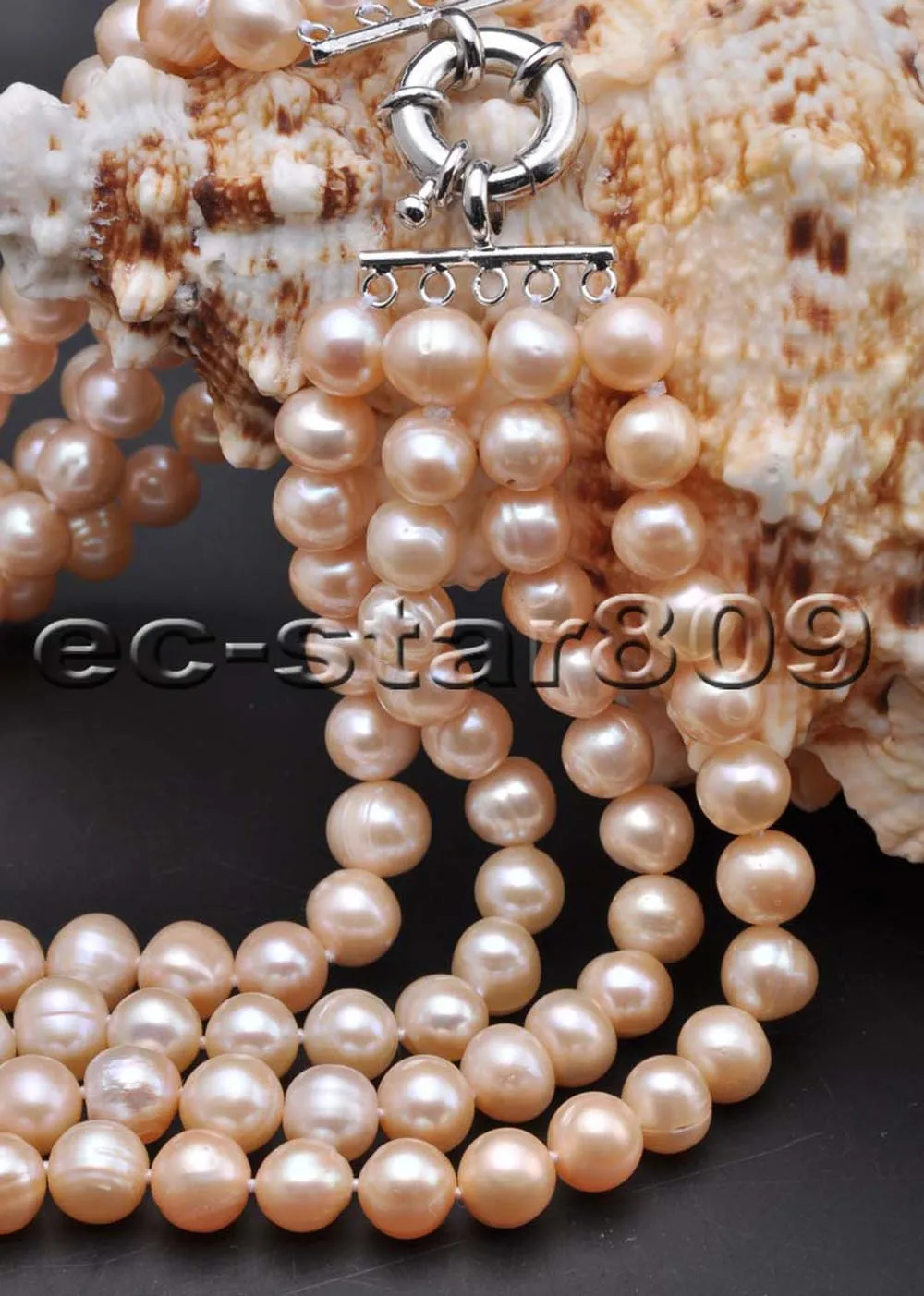 

P5972 4Row 16"-19" 10mm Pink Round Freshwater Pearl Necklace