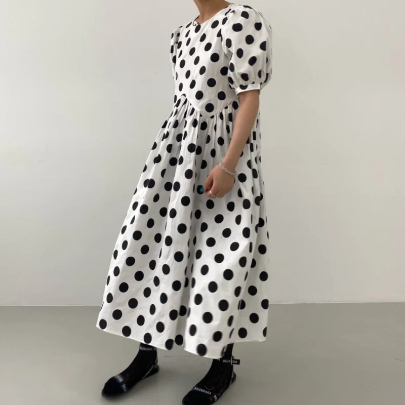 

Retro Polka Dot Loose Back Hollow Elegant Woman Dress O Neck Big Swing Puff Sleeve Femme Robe Moda Simple Office Ladies Vestidos