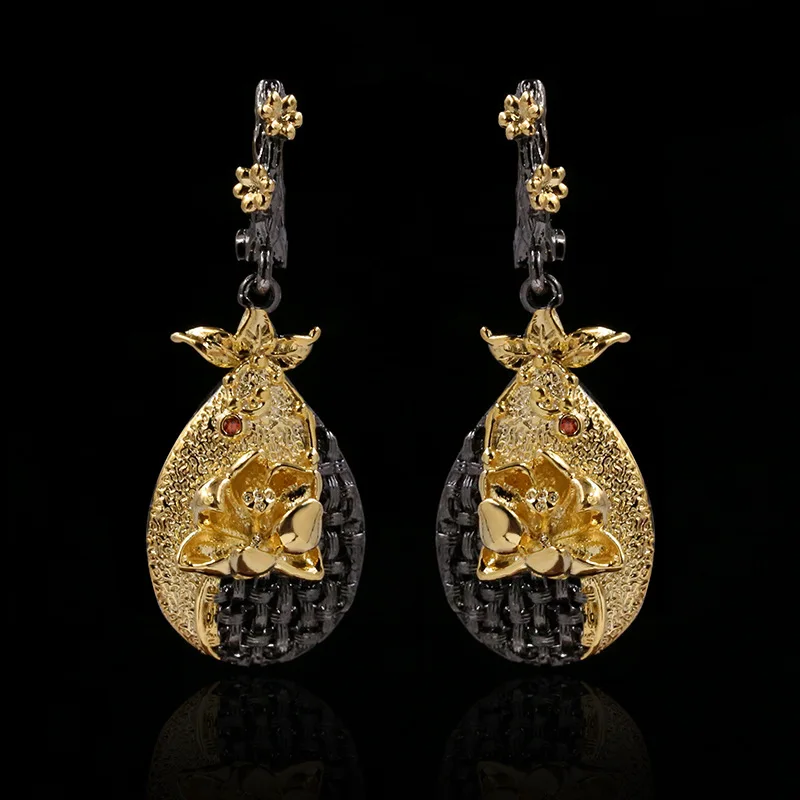 

Exquisite Bohemian Style Embossed Carved Flower Drop Earrings Black Gold Two-tone Luxury Creative Jewelry 925 Silver Earrings