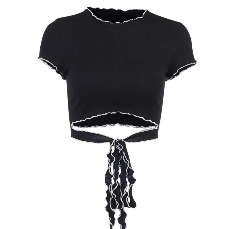 Женская футболка с коротким рукавом черная летняя Готическая короткая оборками