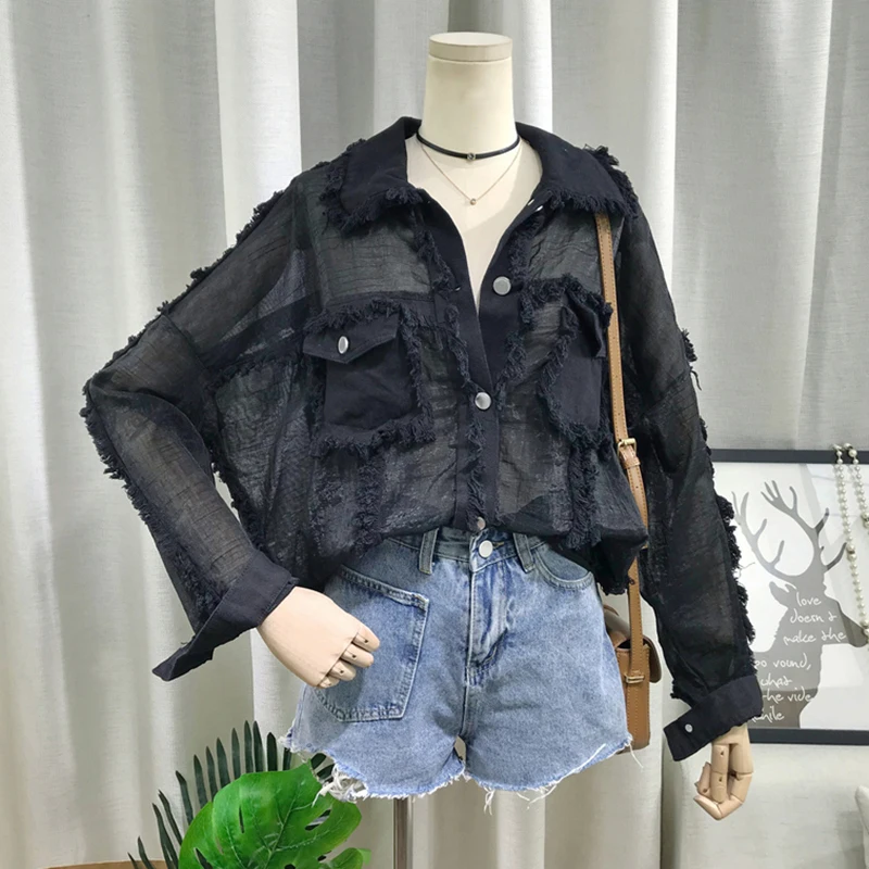 GALCAUR Лоскутная джинсовая рубашка Топы женские с отворотом воротник длинный рукав