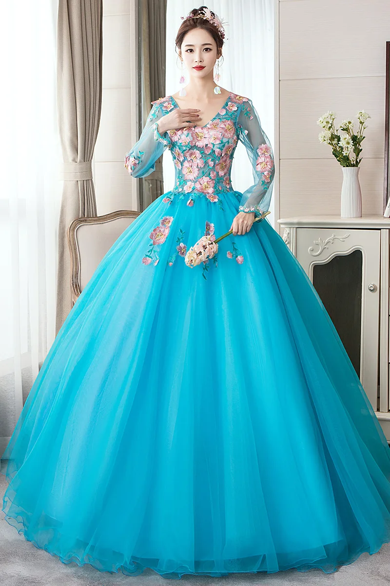 Quinceanera Dresses 2021 Elegant V-neck Party Prom Ball Gown Long Sleeve Sweet Floral Print Vestido De Dress | Свадьбы и торжества