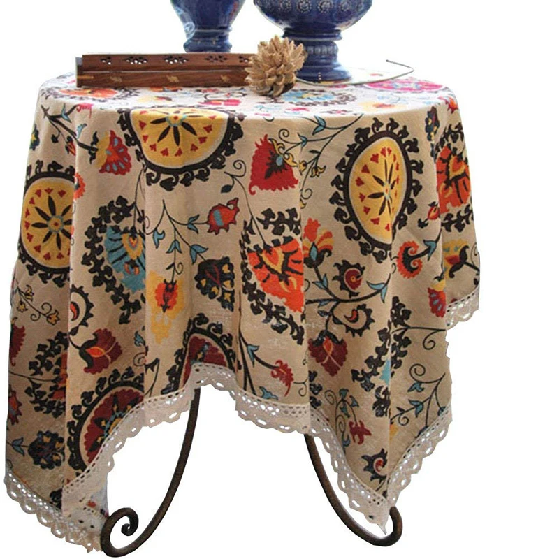

Ethnic Style Rectangular Bohemian Floral Linen Lace Tablecloth For Table Cover Table Dining Desk Cloth Party Birthday Decoration