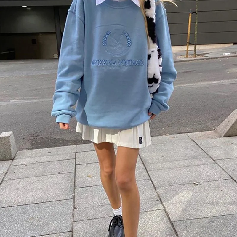 

YICIYA Autumn 2021 Friends Women Blue Sweatshirts 90s Streetwear Embroidery Oversized Y2K Vintage E-Girl Hoodies Crewneck