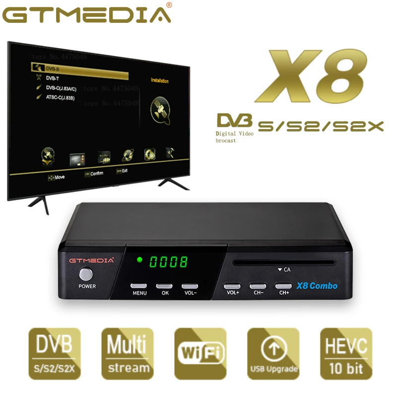 

Новинка 2021, ТВ-приемник GTMEDIA X8 Combo, поддержка DVB-S/S2/S2X + T/T2/Cable/J.83B, /multi-stream/T2MI, мульти-PLP, спутниковый ТВ Декодер