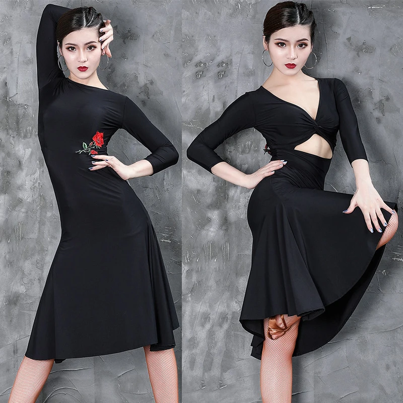 

New Latin Dance Dress Women Competition Performance Clothes Black 2 Way Wear Adult Salsa/Tango/Samba/Rumba Stage Dress DQL431