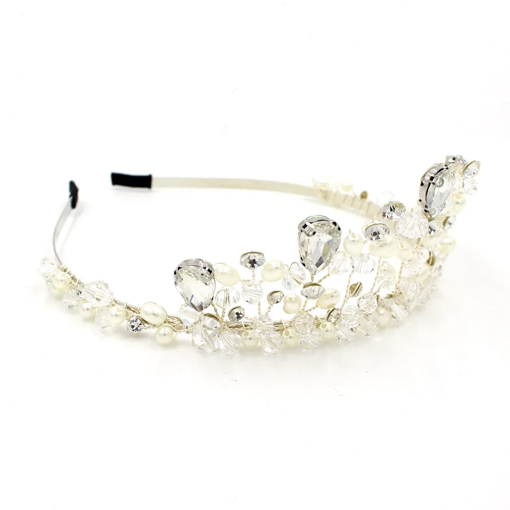 

Pearl Crystal Crown Tiara Headdress Bride Crystal Princess Crown Handmade Beaded Hair Jewelry