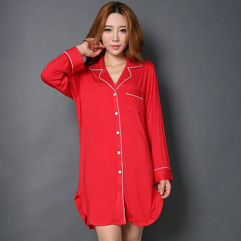 

Women's Spring Long Sleeve Nightdress Blouse Collared Button Down Knitted Home Wear Sexy Nightgown Sleepwear Mini Dress