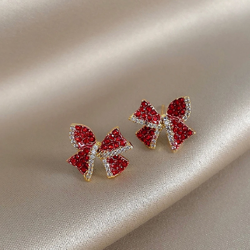 

Fashion Crystal Bow Knot Stud Earrings For Women Pearl Cherry Flowers Rhinestone Red Earring Girls Party Christmas Jewelry Gifts