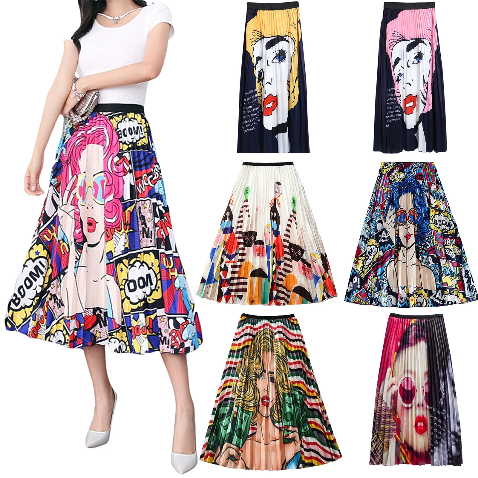 

Женская плиссированная юбка миди, Повседневная Длинная трапециевидная юбка с эластичным поясом и мультяшным принтом, лето