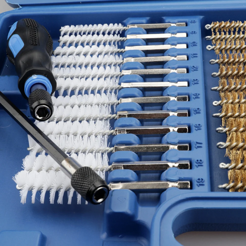 

38Pcs Cleaning Brush Kits Wire Brush Set Ratchet Hex Handle 8-19mm Brush Set with Storage Box for Pipe Tube