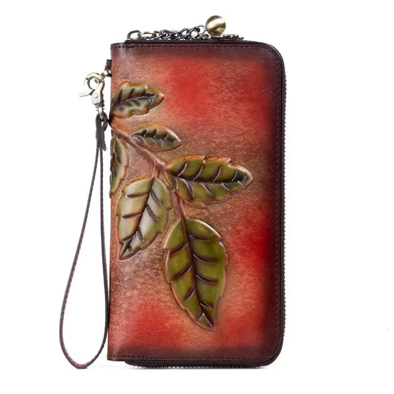 

Handmade Embossed Retro Women Wallet 2021 New Genuine Leather Hand Painted Phone Purse Leisure Cowhide Card Holder