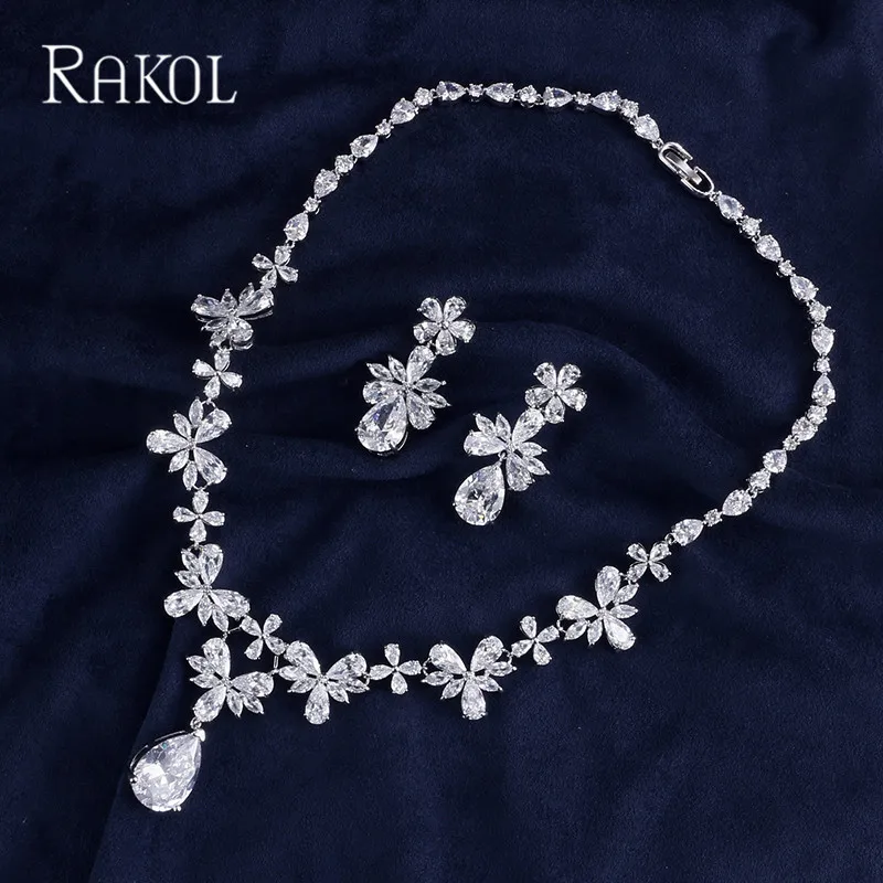 Комплект женских ювелирных украшений RAKOL серьги и ожерелье из кубического