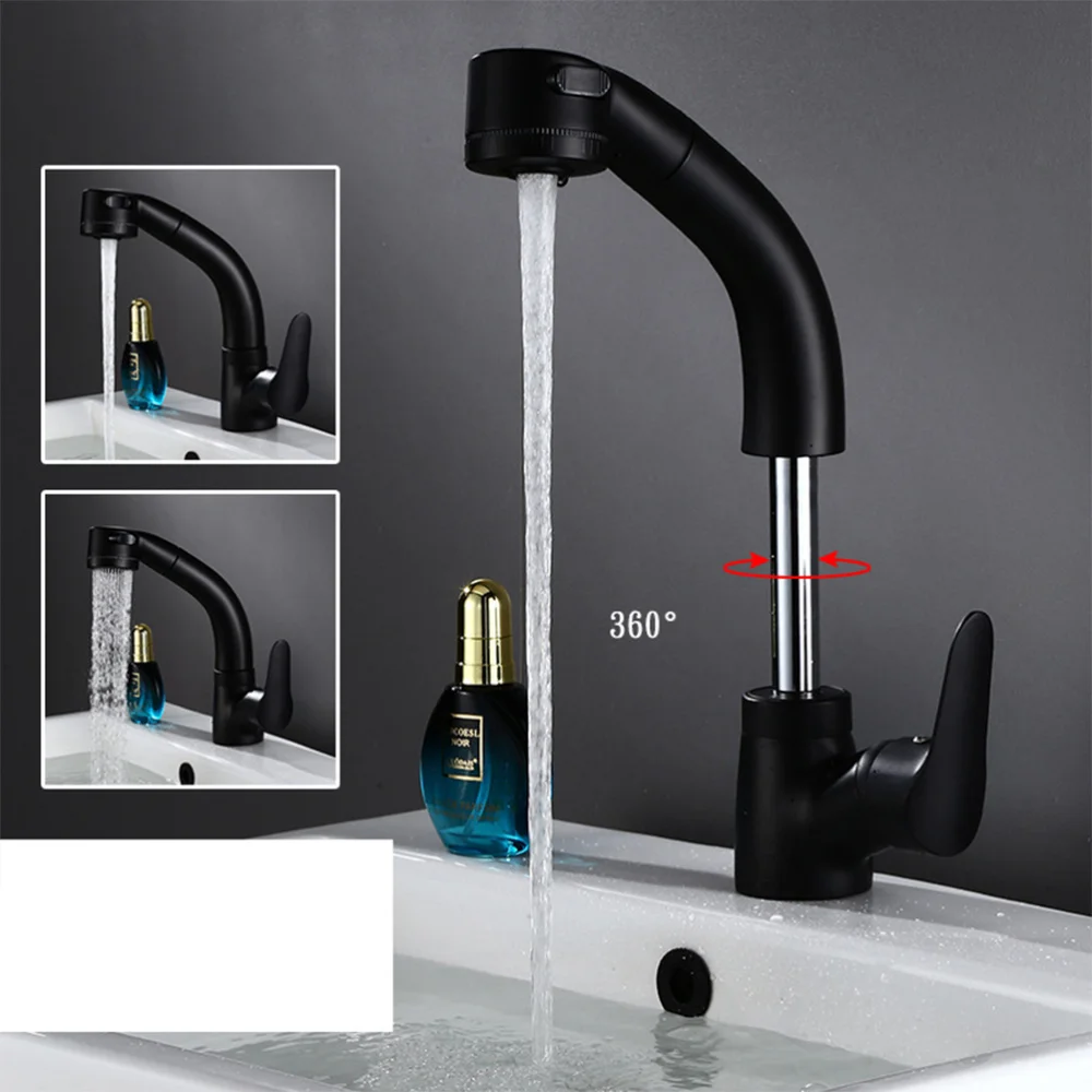 

Black Kitchen Faucet Pull Out Modern Stainless Steel Height Adjustable Faucet Hot and Cold Water Mixer 360 Rotation Single Handl