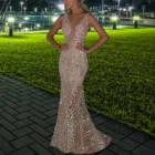 Элегантное Длинное Платье с V-образным вырезом, без рукавов, с V-образным вырезом, украшенное бусинами, облегающее вечернее банкетное платье, женское серебристое вечернее облегающее платье Макси