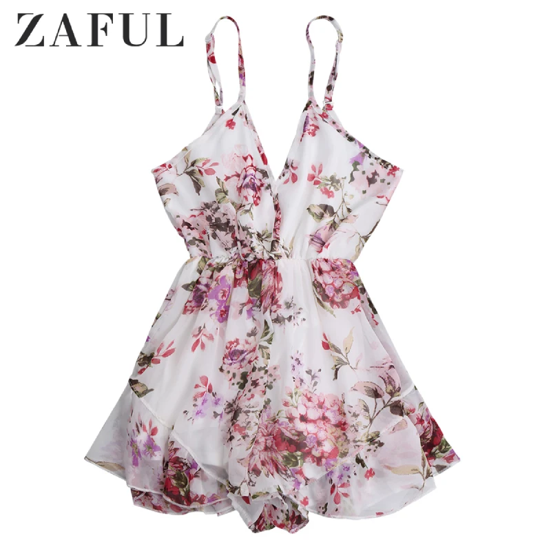 Женский шифоновый комбинезон на бретельках ZAFUL Летний Пляжный с цветочным