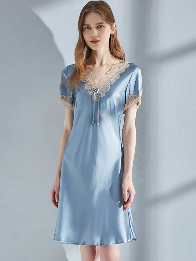 100% Real Silk Nightgown Women Summer Luxury Sexy Nightdress Robes Blue Retro Homewear Lace Sleepwear Nightwear Dressing Gown